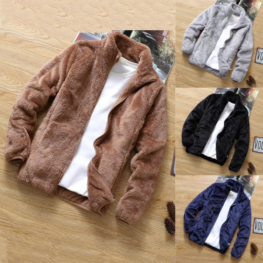 Fashion Jacket Coat Double Sided Velvet Fluffy Jacket Zipper Closure Stand Collar Warm Cardigan Jacket Cold Resistant
