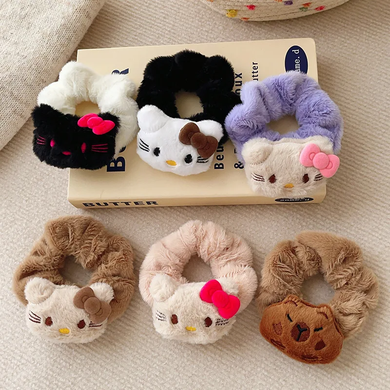 6 pçs kawaii para hellokitty acessórios de cabelo de pelúcia faixas de cabelo anime corda de cabelo alta elástica bandana para meninas presentes para crianças