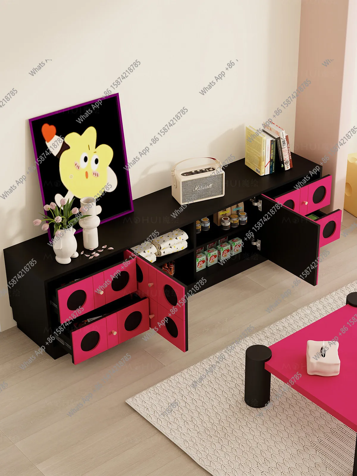 Retro aesthetics solid wood integrated combination TV cabinet contrasting color living room storage wall floor cabinet