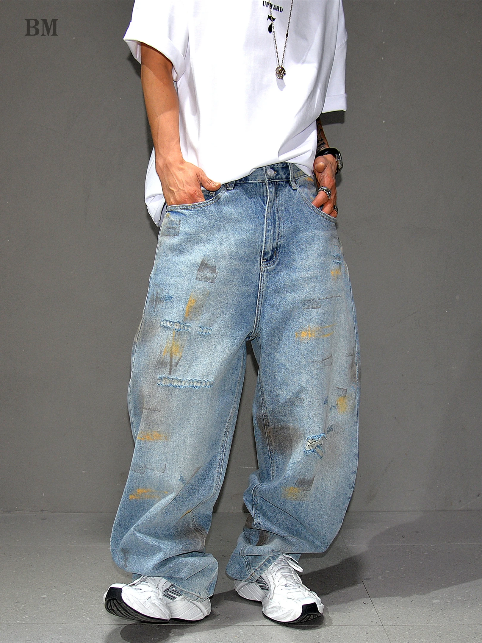 Mens Light Blue Baggy Ripped Jeans Wide Leg Straight Washed Distressed Paint Streetwear Hip Hop Vintage Casual Denim Pants