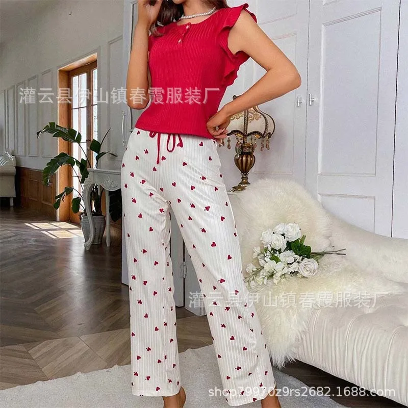 

Summer New Ladies Pajamas Homewear Set of Girls Homewear Printing Love V-Neck Short-Sleeved Pajamas Women Long Pants Underwear