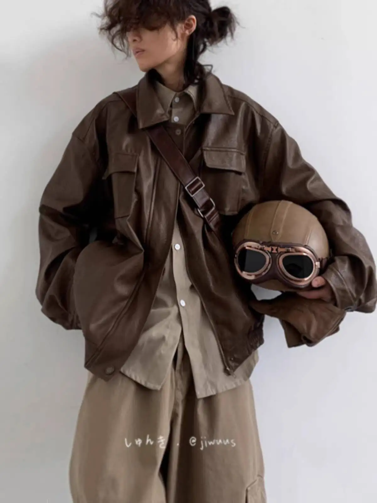 2026 Spring Fall Japanese Vintage PU Leather Biker Jacket For Men Women Students Loose Maillard Neutral Brown Moto Coat