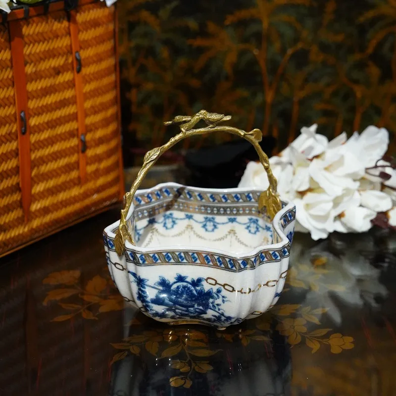 HX87 light luxury French style, ceramic with copper, square basket storage box, living room decoration, entrance ornament