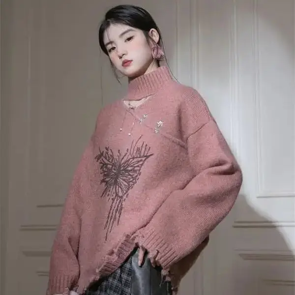 

Retro Y2k Women Sweater High Street High Collar Long Sleeve Oversized Pullover Sweater Harajuku Ulzzang Butterfly Pattern