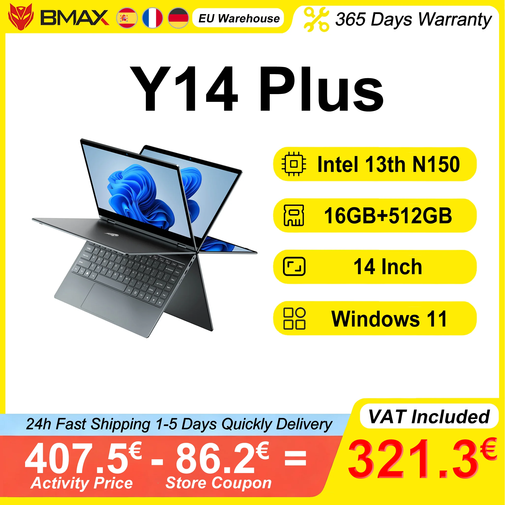 BMAX Y14 Plus Laptop Pantalla táctil de 14 pulgadas Intel N150 16GB RAM 512GB SSD 360 ° Cuaderno Convertible 1920*1080 IPS Windows 11
