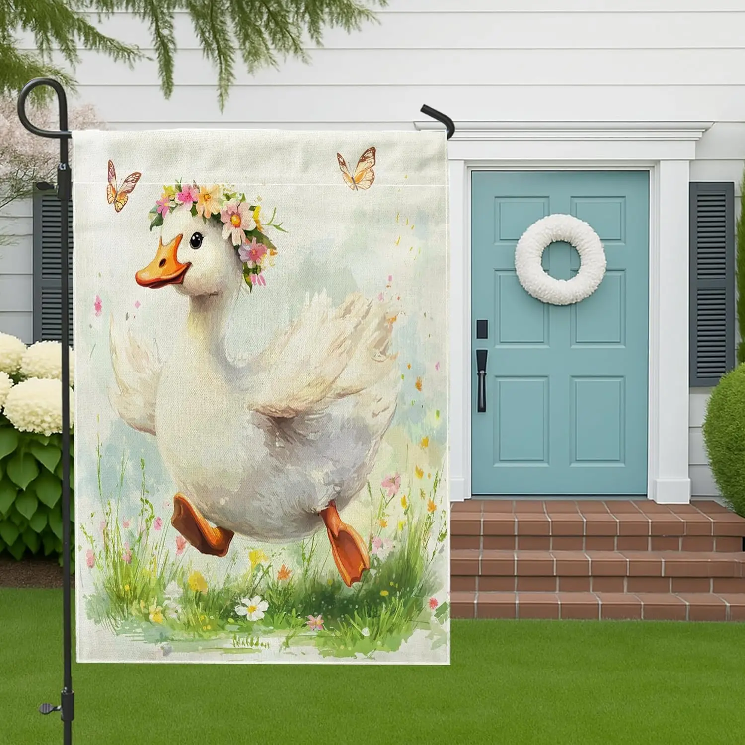 Spring Goose Garden Flags 12”x18” Double Sided for Outside, Cute Butterflies Front Yard Small Canvas House Flags, Animal Bur AAS