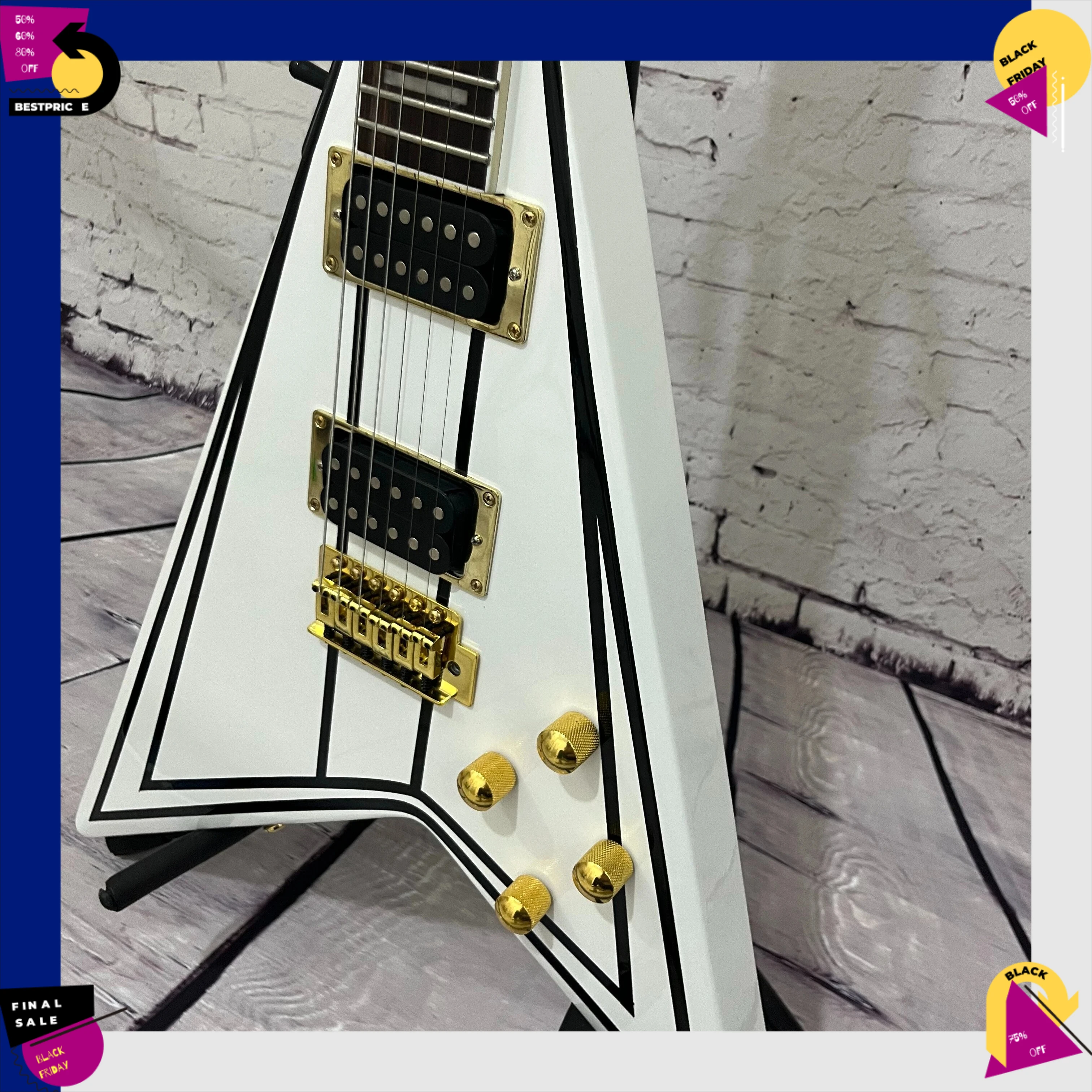 Shaped Hot Guitar White Black Line V Shape  HH Pickups Fixed Bridge Gold Hardware Free Shipping Classic Rock Music