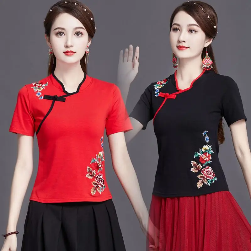 Traditional chinese clothing womens plus size tops 2024 summer cotton blend embroidery color splicing tang costume shirts woman