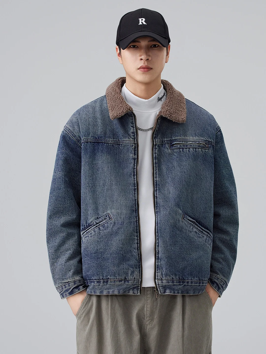 

American Retro Lamb Velvet Thiened Fce Lined Men's Denim Jaet Winter Warm Cotton Jaet Long Sve Zipper Closure