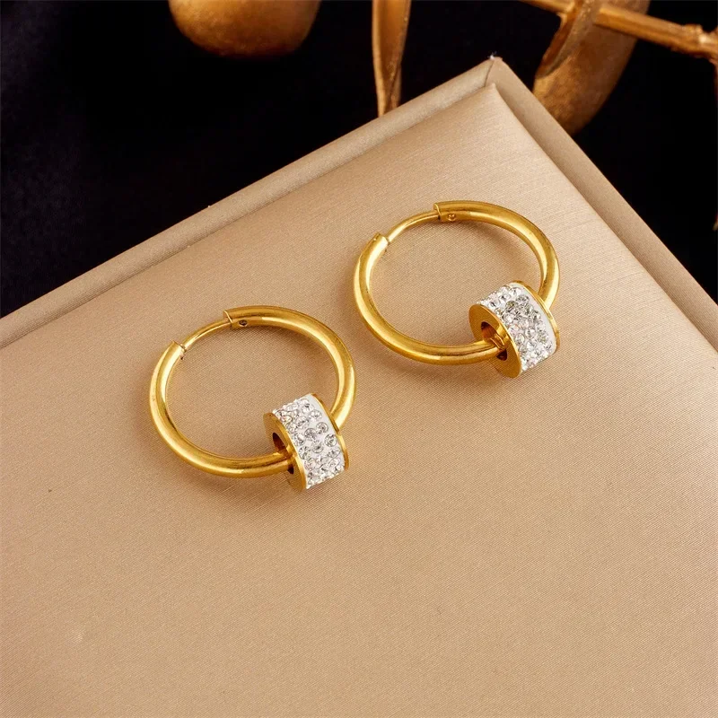 

CHUANGCHENG Minimal Personalized Fashion Design with Full Diamond Stainless Steel Rotatable Earrings for Women's