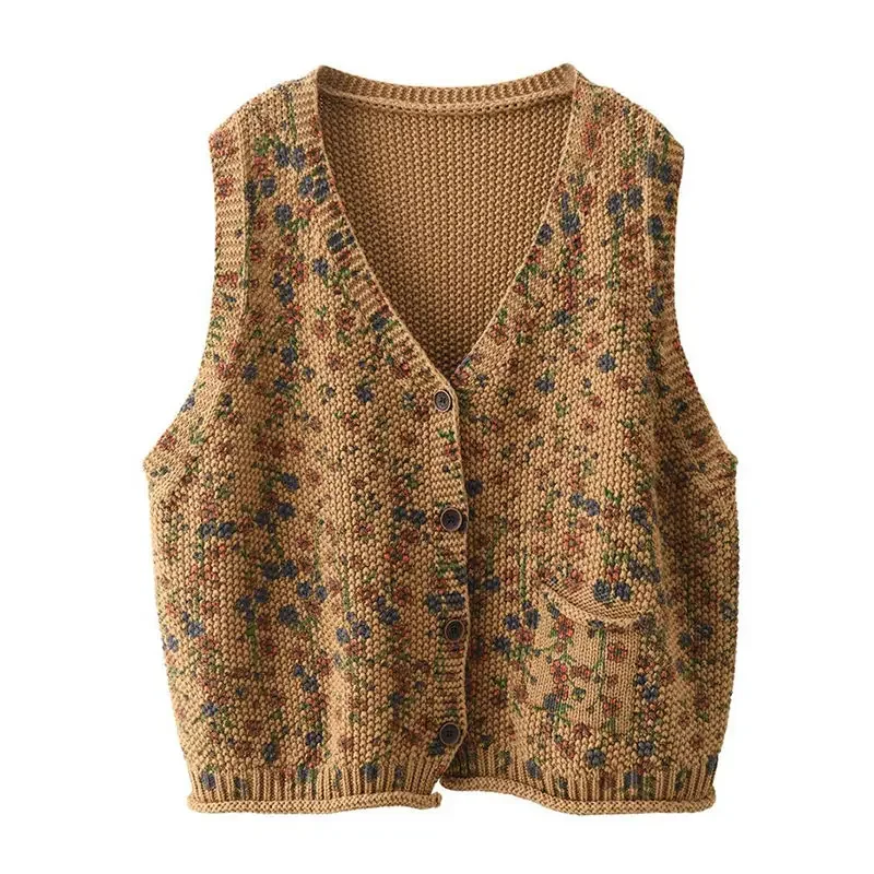 

Autumn Winter Women Loose V Neck Knit Vest Vintage Floral Open Front Cardigan