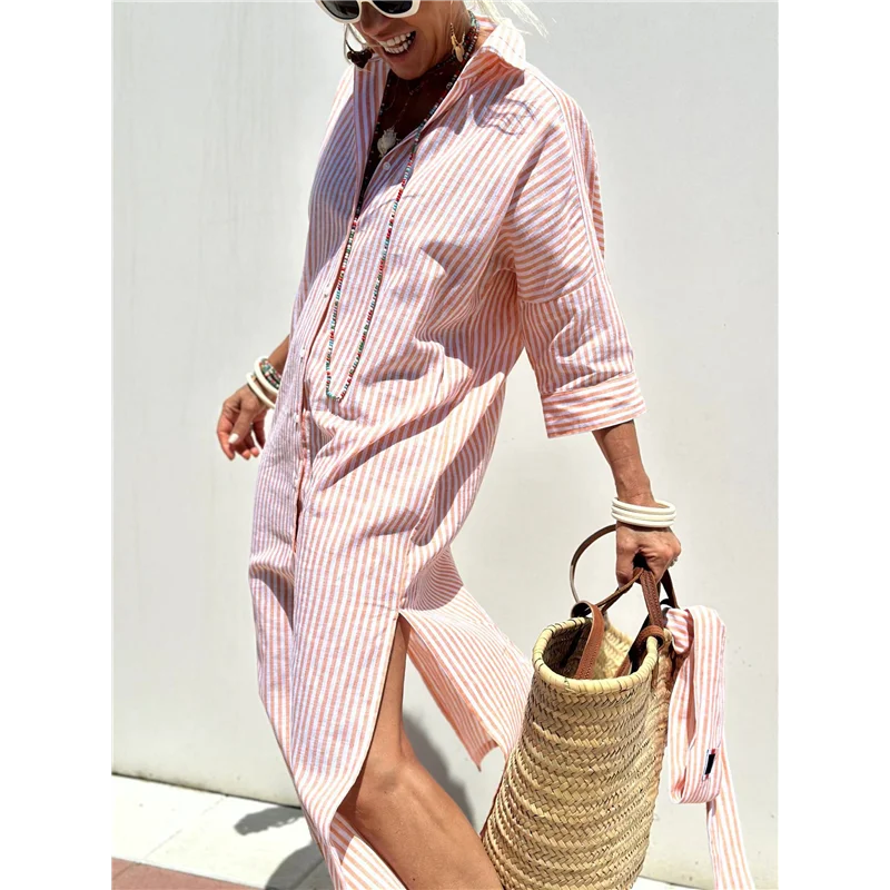 ABP-Vestido camisero para mujer, informal, con solapa, manga 3/4, cuello abotonado, lazo con abertura, vestido maxi resort