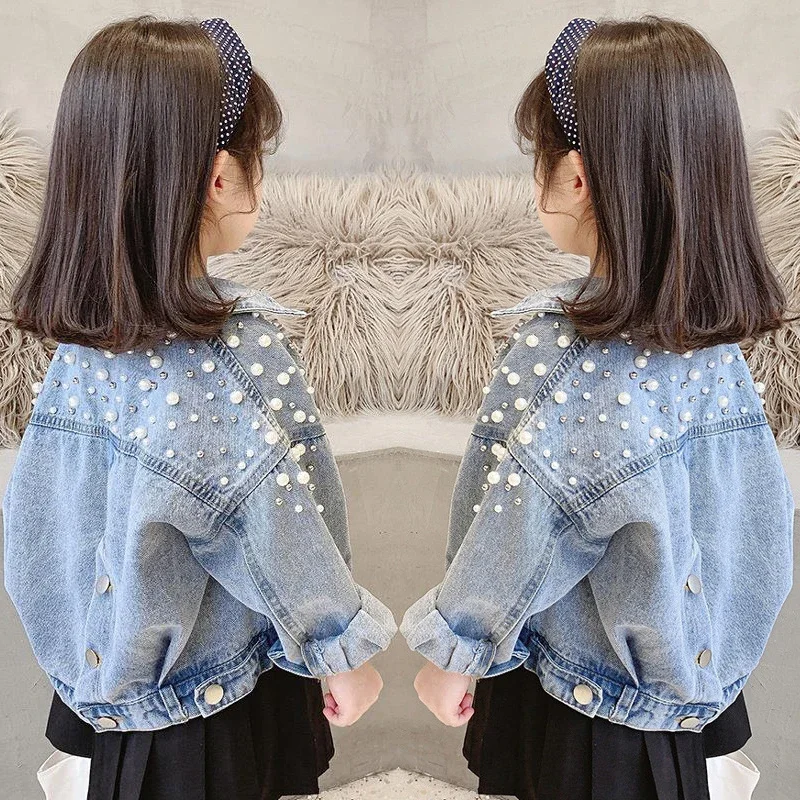 New Spring Autumn Pearl Embellishment Teenage Girls Denim Coat Children Fashion Windbreaker Kids Birthday Present Outerwear