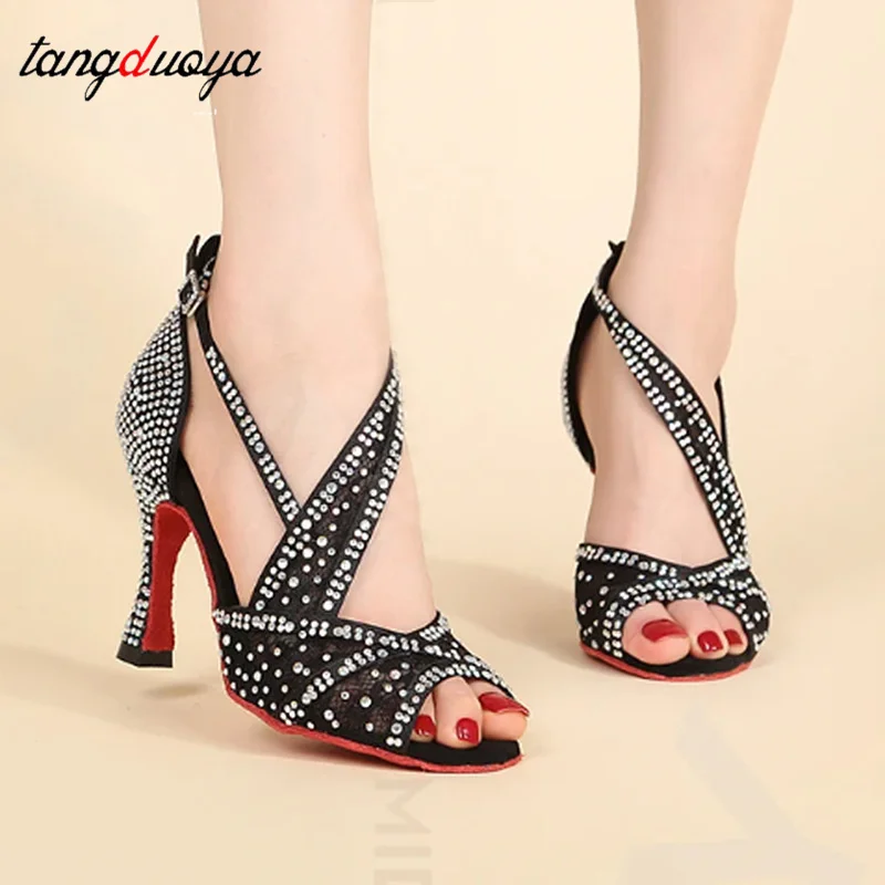 

Женские черные туфли для латиноамериканских танцев с дышащей сеткой, для танго и бальных танцев, на каблуке, со стразами, свадебные туфли