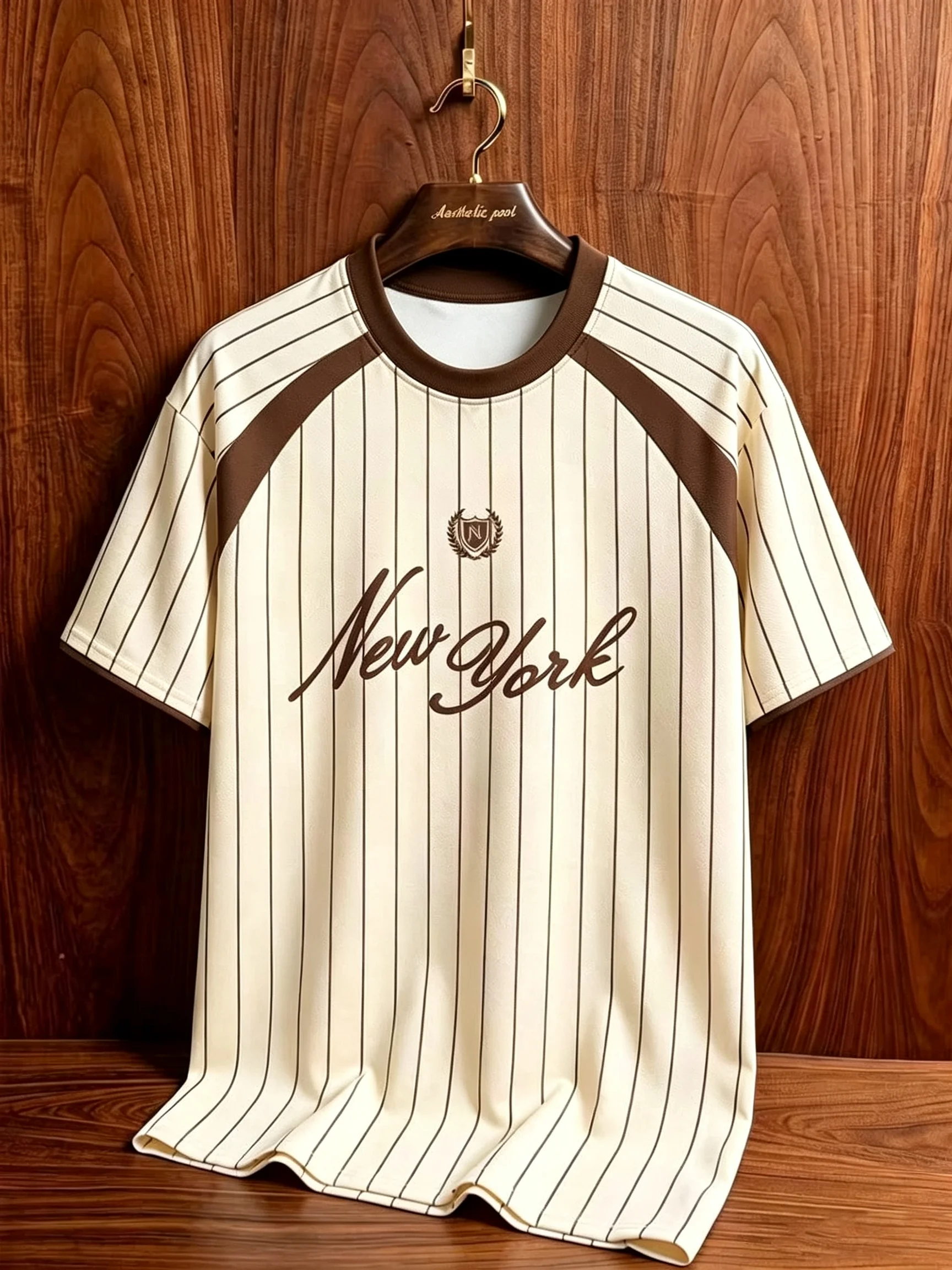 Men's New York Letter Vertical Striped Print Crew Neck Short Sleeve T-Shirt, Vintage Street Sports Top