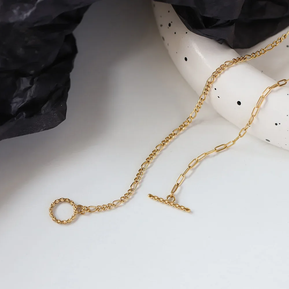 

RHYSONG Trendy OT Buckle Splicing Ferrero Chunky Link Chain Long Necklace Stainless Steel 18K PVD Gold Plated Jewelry for Women