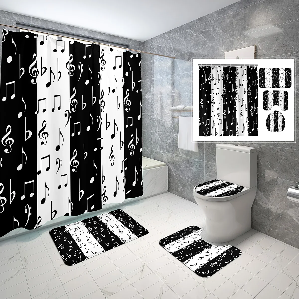 4 Pcs Musical Note Shower Curtain Sets with Toilet Lid Cover and Non-slip Bath Mat Music Piano Key Waterproof Shower Curtain Set