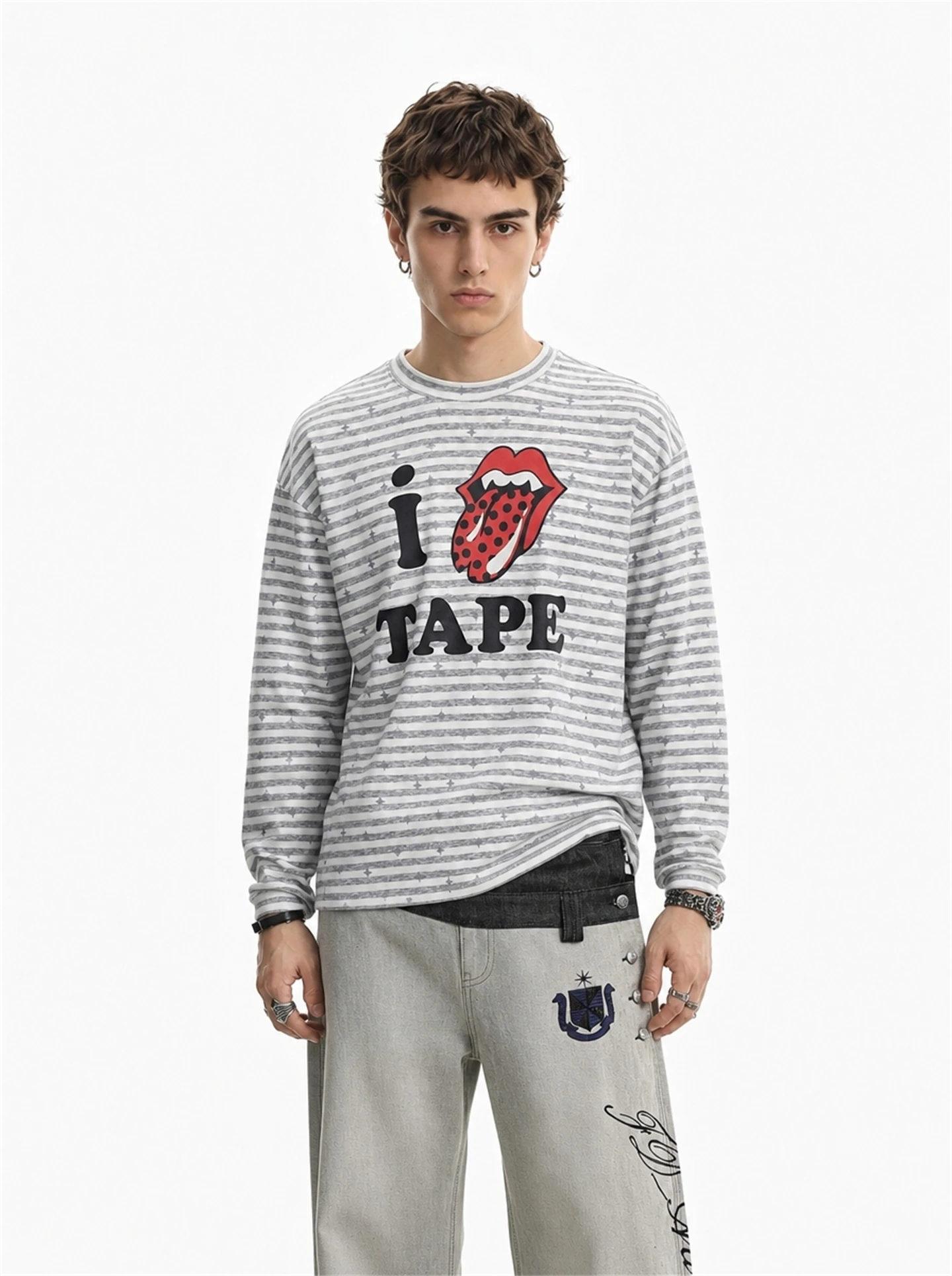 BETEBULE American Retro Striped Long Sleeve T-Shirt Foamed Letter Red Lip Print Loose round Neck Men's Fashionable Top
