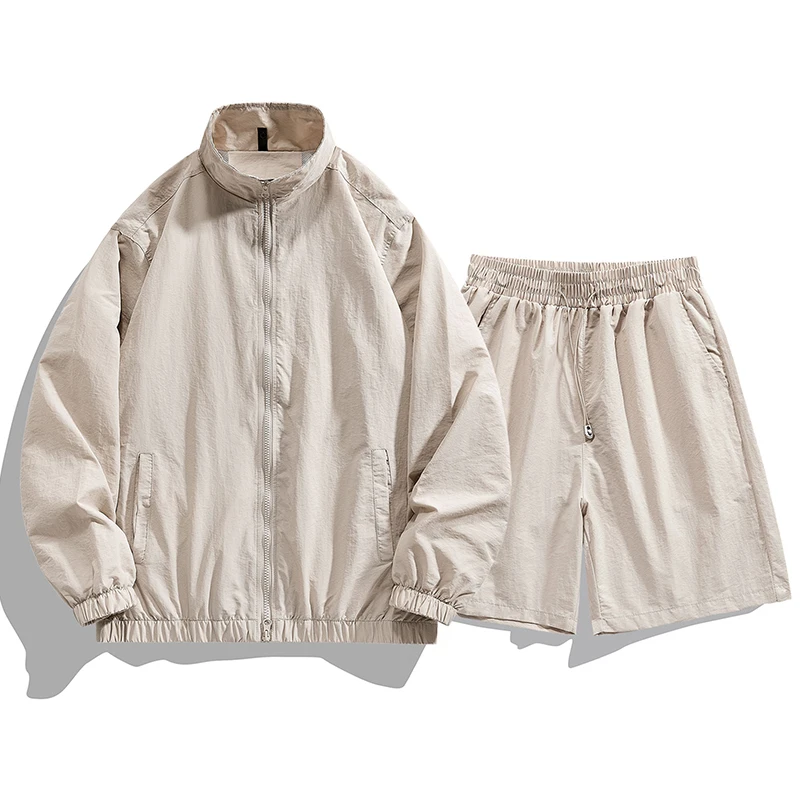Men's Summer Lightweight Breathable Quick Drying Sun Protection Sports Set Outdoor UV Protective Jacket Five Point Shorts Set