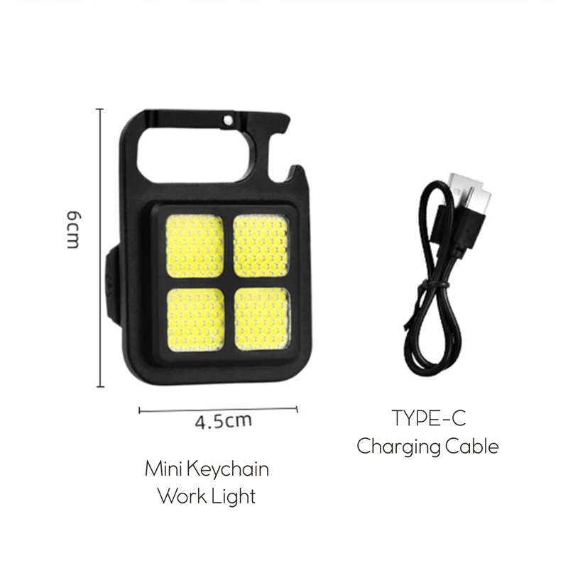 Portátil Mini LED Keychain Lanterna, USB recarregável, COB Trabalhando Luz, ao ar livre, Emergência, Camping, Saca-rolhas, Pesca