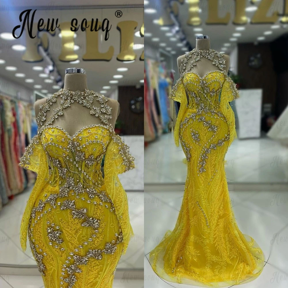 Gold Luxus Abendkleid elegant schulter frei Langarm Kristalle formelle Ballkleider für Hochzeits feier arabisch gelb Kleid