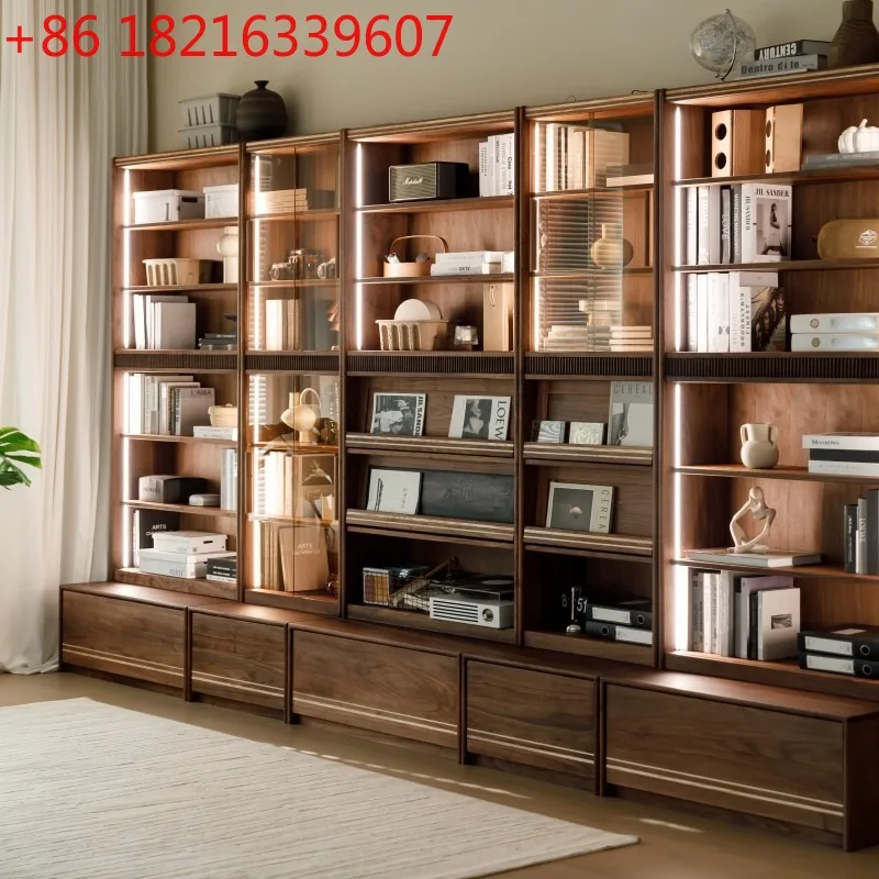 

Bookcase living room black walnut full wall glass dustproof floor card seat locker