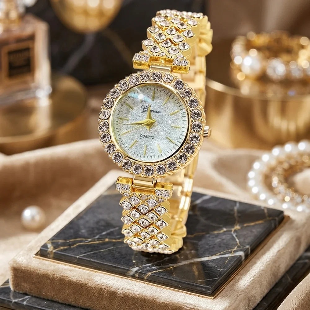 2Pcs/Set Unisex Jewelry Watches Women's Wristwatch Accessories Gold Trendy Fashionable Elegant Classic Exquisite Light Luxury Rhinestone Luxury Bracelet Watch Set Y2K Suitable for Daily Outfits, Travel, Vacations, Parties, Perfect Holiday Gift