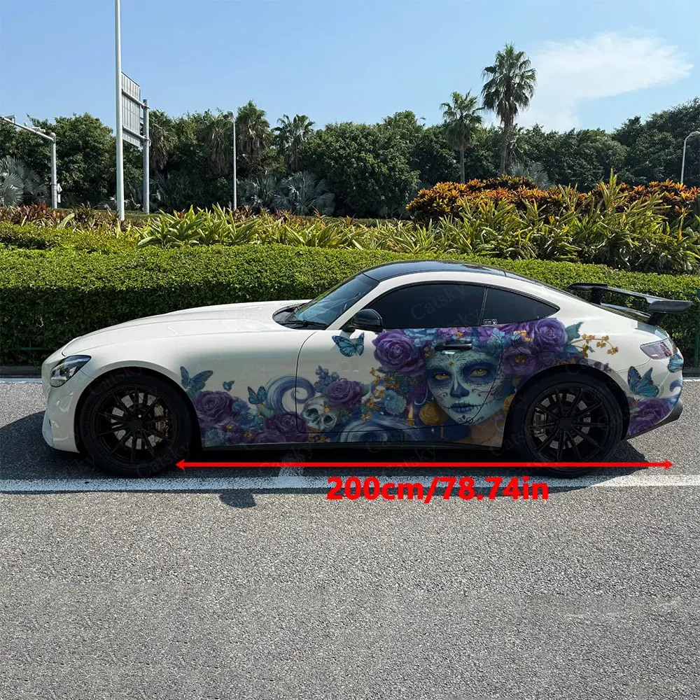 2pcs Purple Blue Floral Spirit Lady Car Side Wraps, Self-Adhesive PVC Waterproof & Scratch-Resistant Sticker, Car Accessory Gift