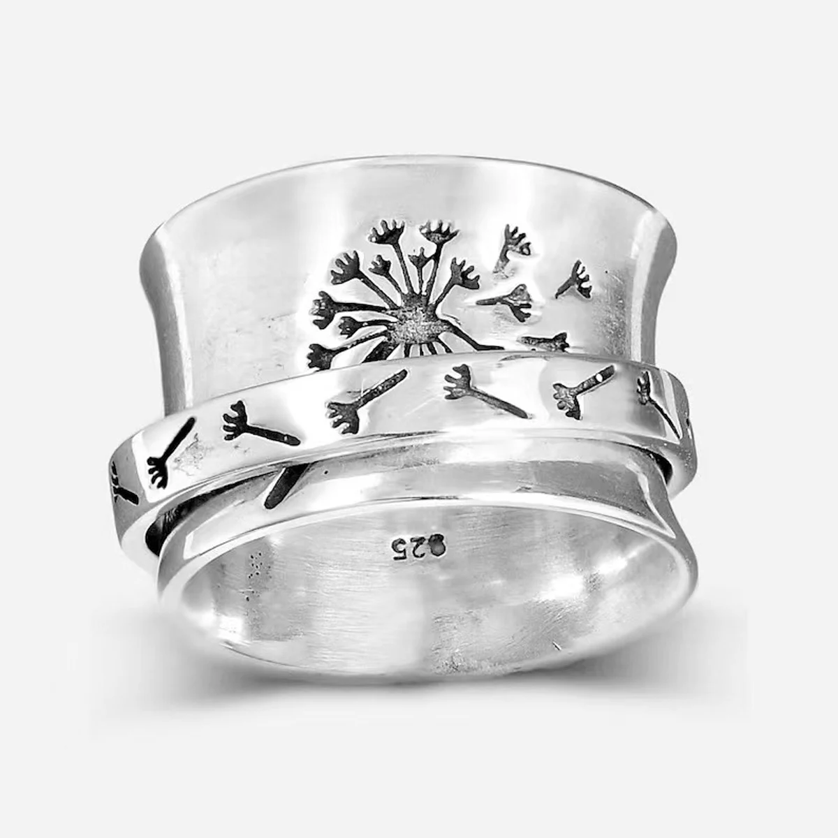 1pcs new vintage engraved dandelion can rotate European and n trends flower rotation decompression ring