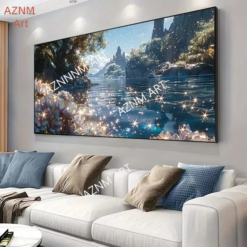 1PC ，Dream World Canvas Poster - Serene River Landscape with Sky, Perfect for Bedroom & Living Room Decoration, Lake House Decor