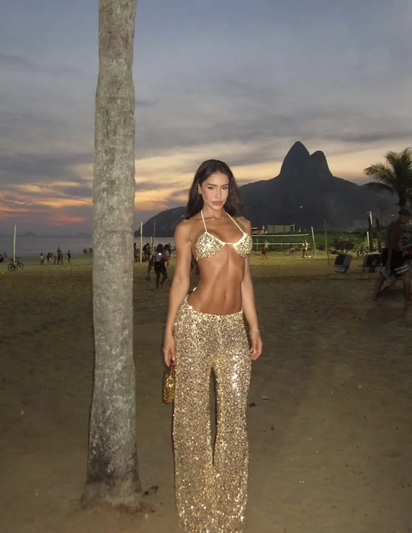 Drunk Sugar 2026 Spring Summer Women Sequin Bikini Set Deep V Push Up Swimsuit With Wide Leg Pants Sexy 2 Piece Beach Outfit view 2
