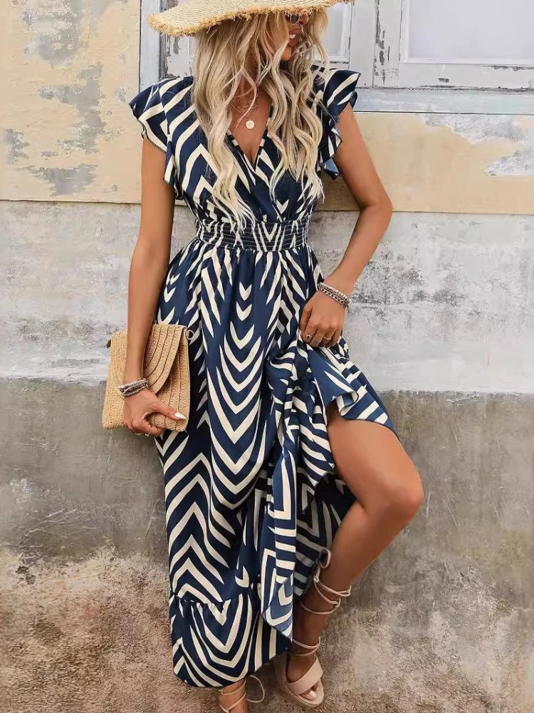 

New Women's Summer Elegant Style Printed Short Sleeved Striped Dress with Lace Up Waist Cinching and Long Hem Long Skirt
