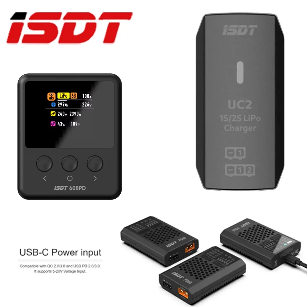 

ISDT 608PD DC 240W/10A USB C 140W/5A Smart Digital Charger PD60 60W 6A UC2 1S/2S LiPo Smart Battery Balance Digital Charger