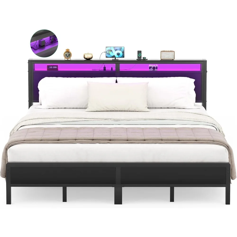 

King Size Bed Frame with Headboard & LED Lights, Heavy Duty Metal Platform Bed with USB Charging Station, No Box Spring
