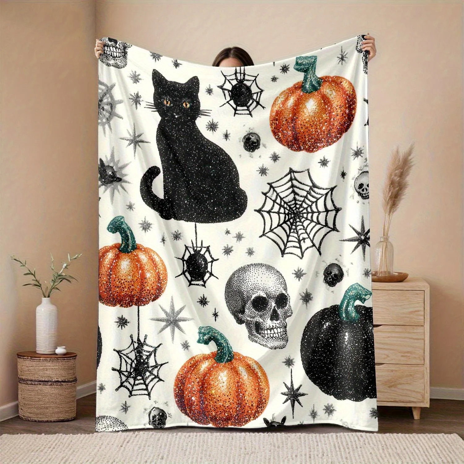 

1 шт. одеяло с принтом тыквы, ведьмы, летучей мыши, полиэфирная ткань, можно стирать в машине, подходит для спальни и гостиной