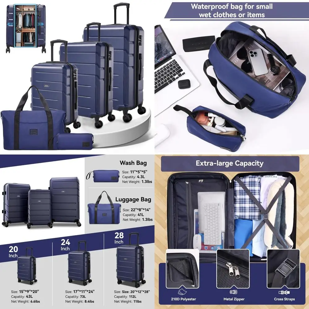 

Расширяемый большой набор чемоданов из 5 предметов с гарантией 4 года, ABS + ПК, бесшумные колеса, замок TSA, темно-синий для семейных путешествий