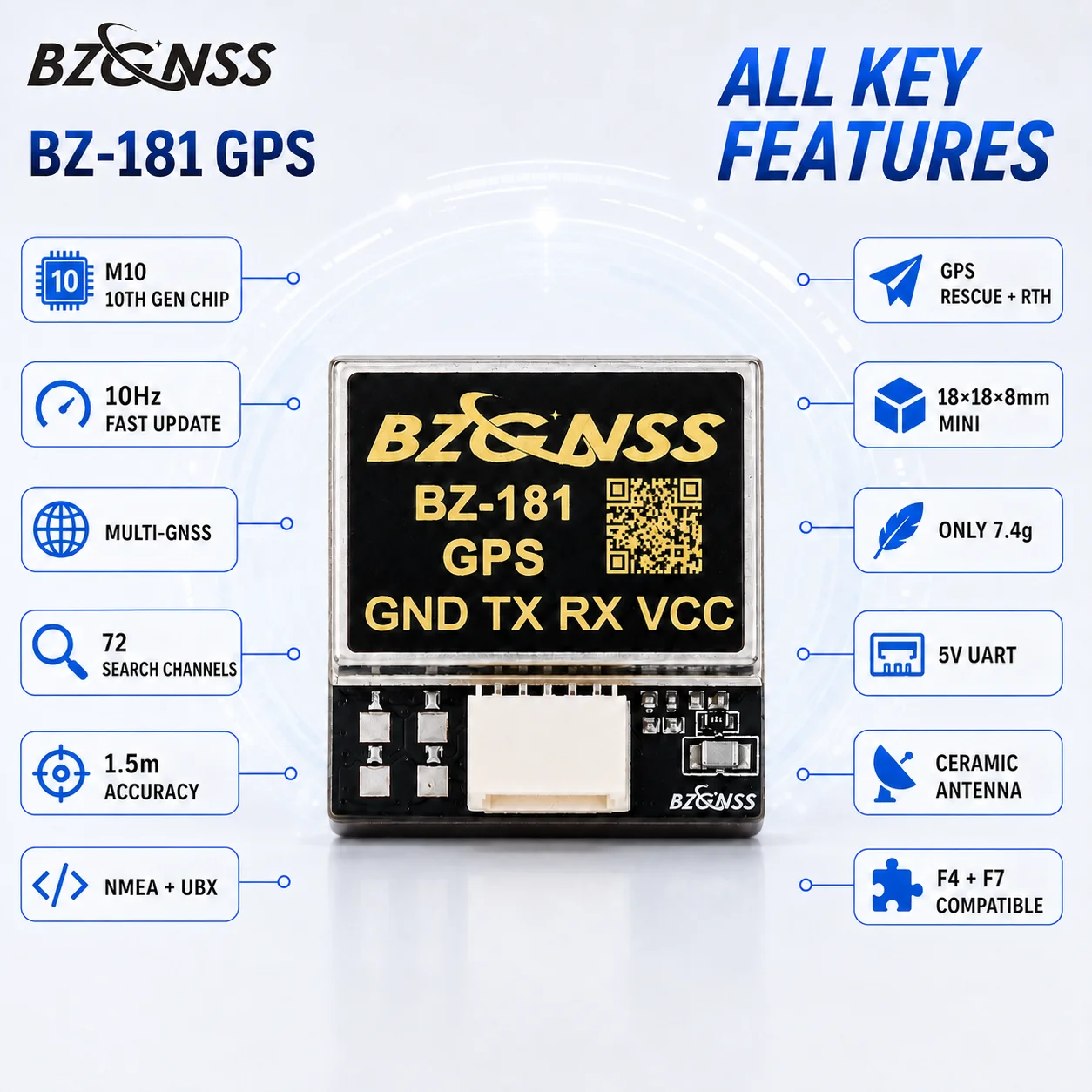 BZGNSS BZ-181 18mm M10 GPS Module 72CH Ceramic Antenna for Betaflight F4 F7 FPV Racing Drone Rescue Multi GNSS BN180 Alternative