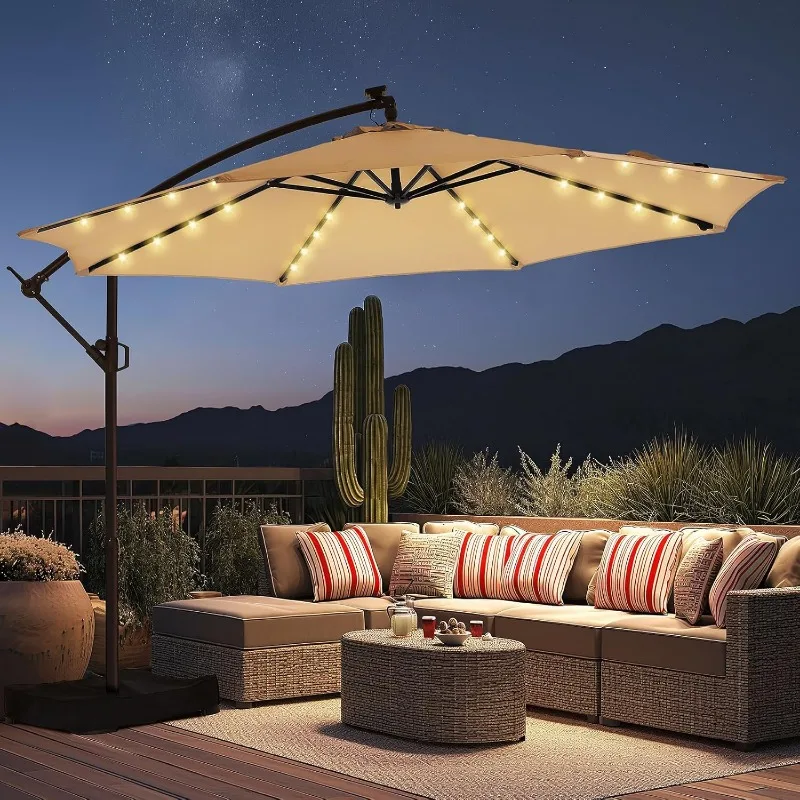 10Ft Solar Lights Offset Cantilever Patio Umbrella - w/Light and Base, LED Lighted Offset Hanging Patio Market Umbrella