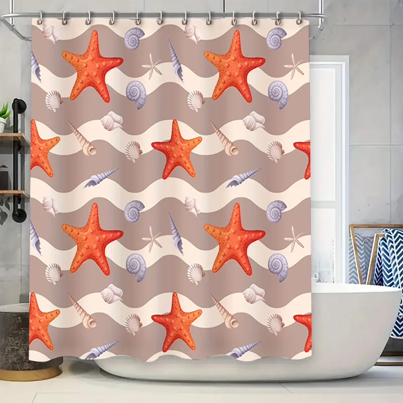 

Занавеска для душа в виде ракушки морской звезды для ванной комнаты персикового цвета с набором ковриков для ванны в сине-белую полоску, водонепроницаемая ткань, бесплатная доставка