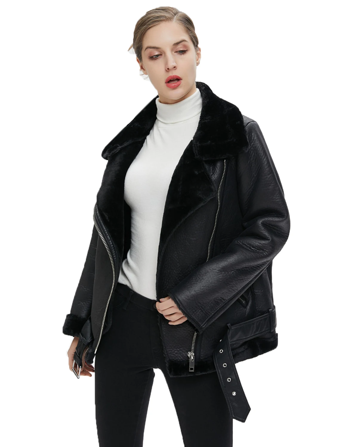 Fitaylor Winter Women Faux Fur Leather Jacket Casual Lady Thick Warm Leather Jacket Lapel Zipper Coat with Belt