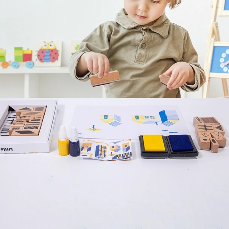 Sello de patrón geométrico de madera para niños, 25 piezas, 2 almohadillas de tinta, juguetes educativos para aprender a pintar, juguete para entrenar el cerebro