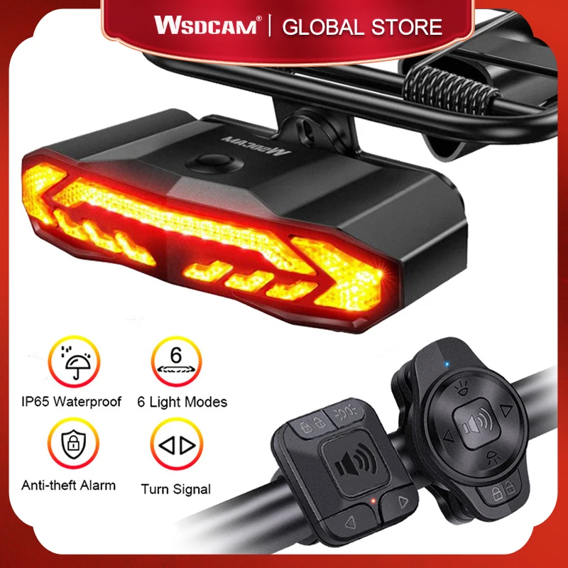 Wsdcam Smart Bike Tail Light com Turn Signal, Alarme anti-roubo à prova d\'água, Lanterna traseira do freio de bicicleta com rack