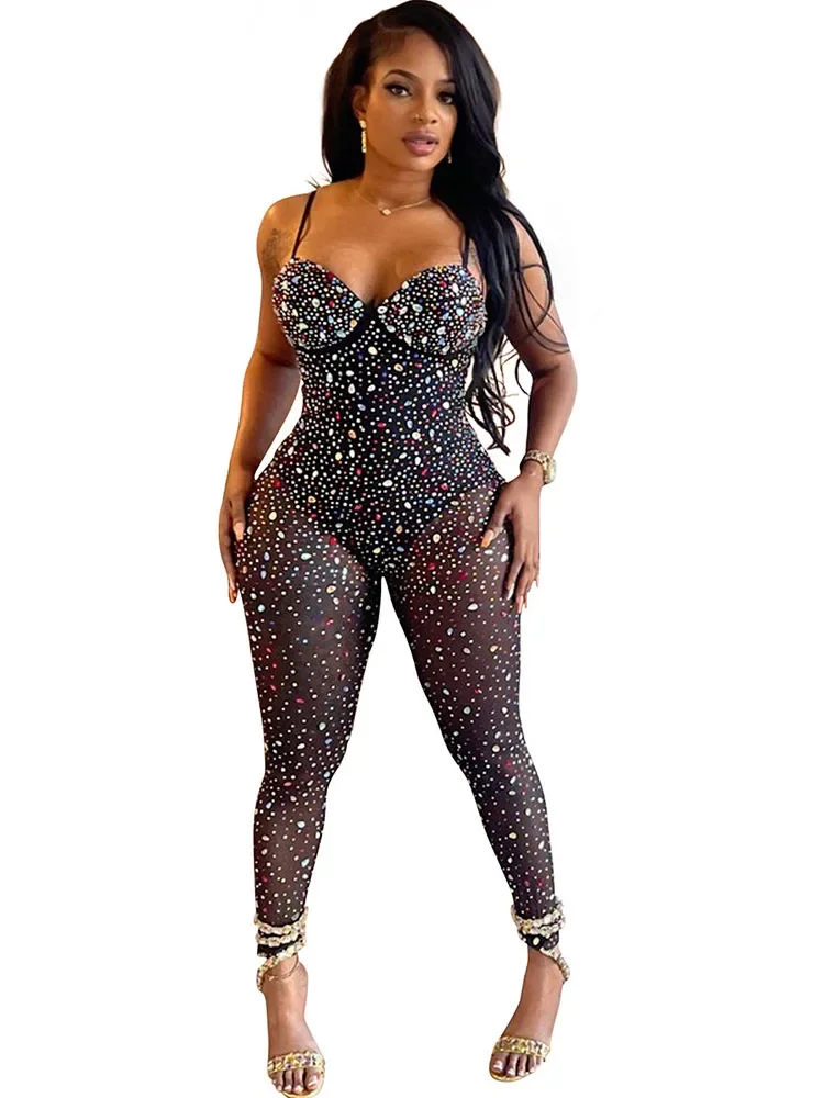 Black Nude Mesh Rhinestone Bodycon Jumpsuit For Women Club Rompers Sleeveless See Through One Piece Outfits Party Sexy Jumpsuits