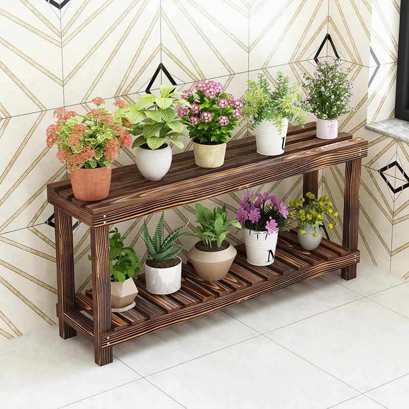 Double-Layer Indoor Living Room Floor Standing Wooden Succulent Planter Stand for Outdoor Wood Balcony Shelf