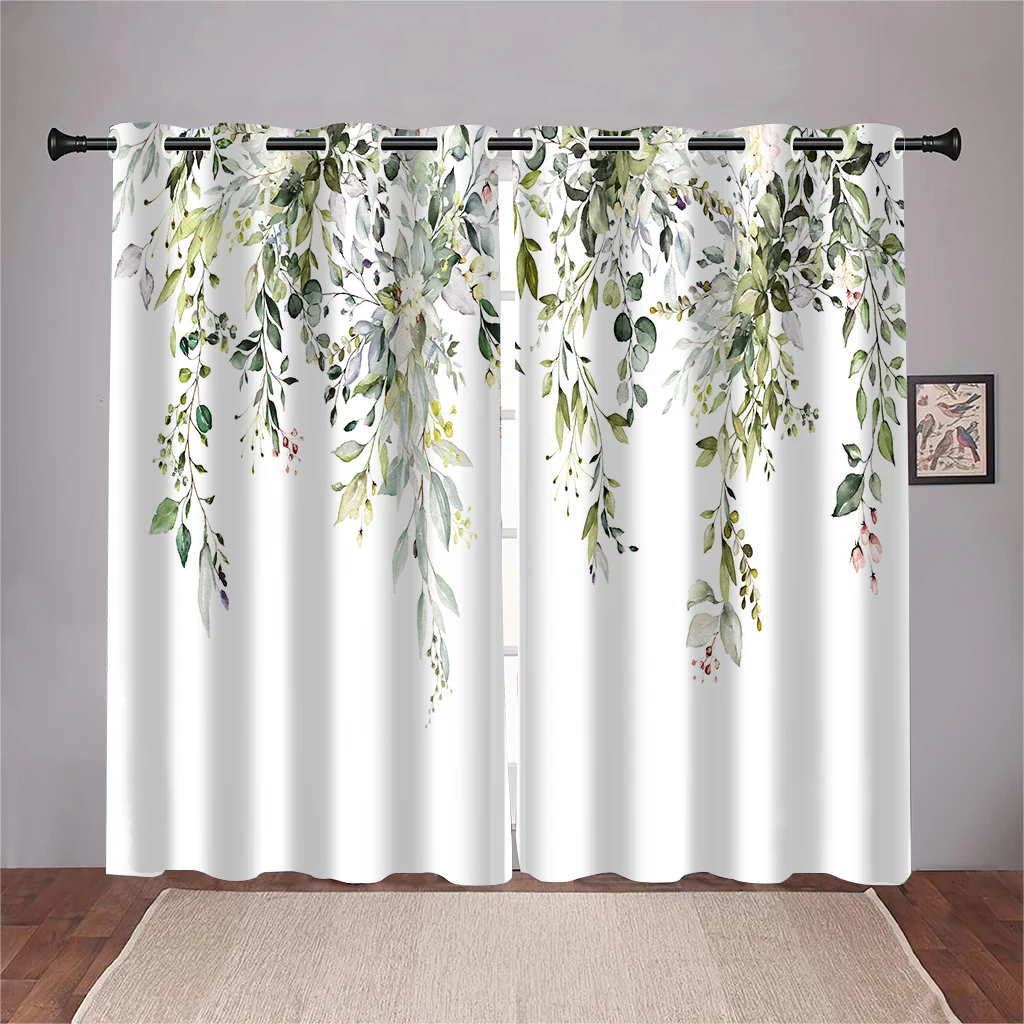 Green Plant Eucalyptus Willow Leaf Curtains Cottagecore Plant Floral Curtains 2PCS Living Room Bedroom Dining Room Kitchen Decor