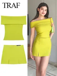 TRAF 2024 New Fashion Woman 2 Piece Set Solid Off Shoulder Slim Pullover Top + High Waist Sexy Women's Mini Skirt Streetwear Y2K