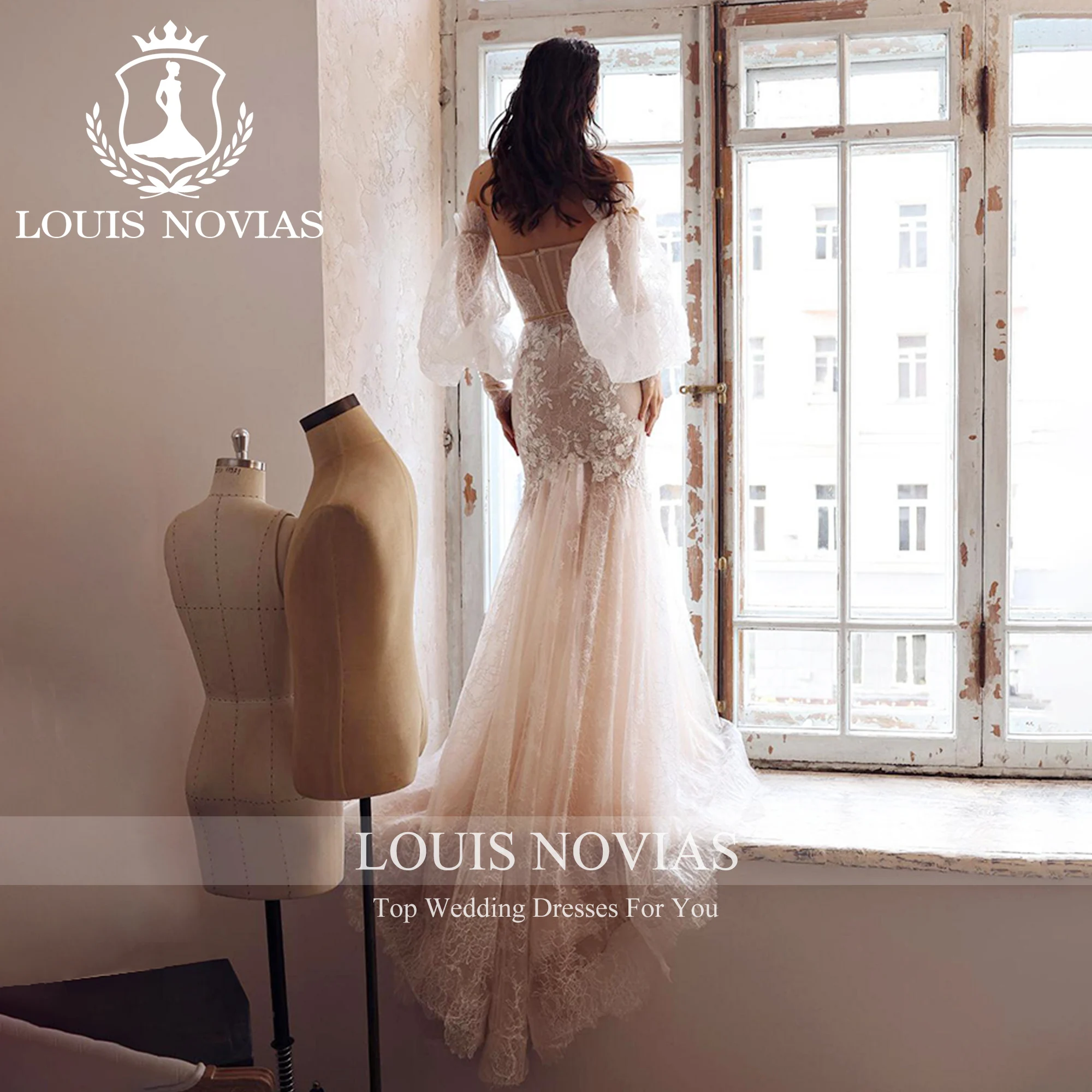 LOUIS NOVIAS Puff Sleeve Mermaid Wedding Dress es For Women Sweetheart Embroidery Belt Champagne Wedding Gown Vestidos De Novia