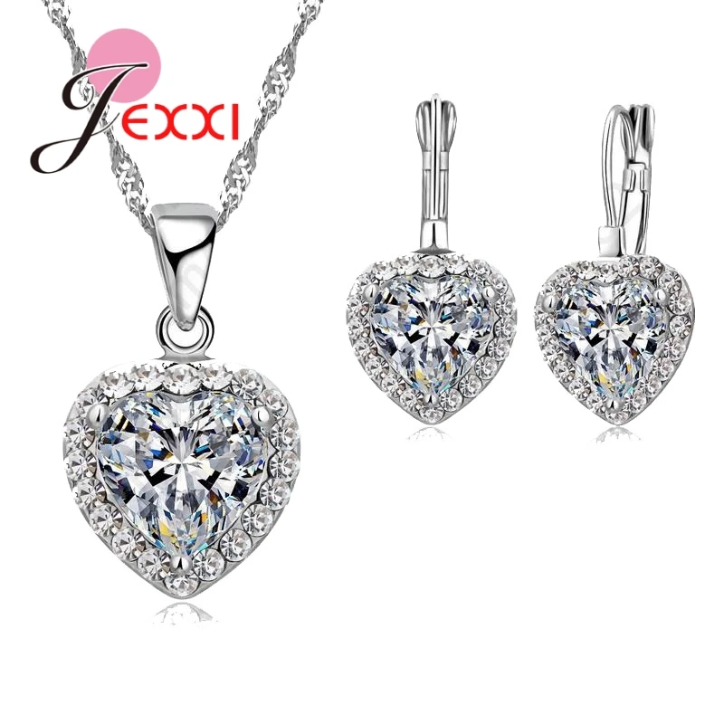 

Gift Trendy Love Heart Pendant 925 Sterling Silver Color Fine Jewelry Cubic Zircon Necklace Earring For Women Wedding Set