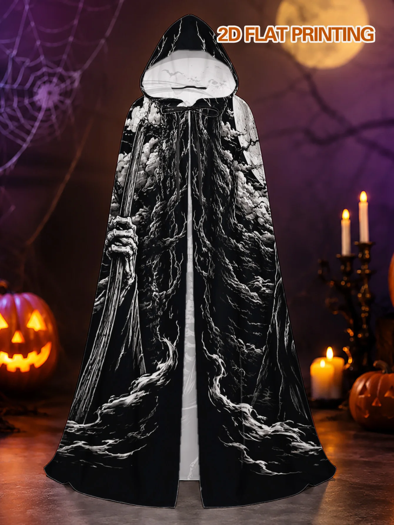 Customization 1pc, Long Hooded Robe With Gothic Grim Reaper Moon Print, Adult Polyester Cloak, Suitable For Halloween Wizard Par