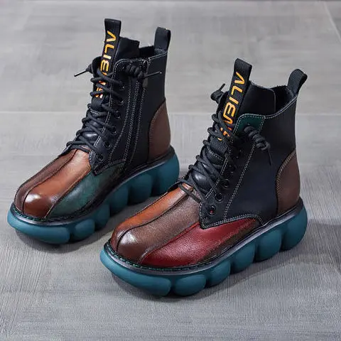 Autumn Mixed Color Shoes Women Boot 2024 Fashion Round Toe Lace Up Retro Handmade Casual Platform Ankle Boots Ladies Short Boots